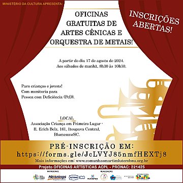 INSCRIÇÕES ABERTAS 2024 - Projeto Oficinas Artísticas ACPL