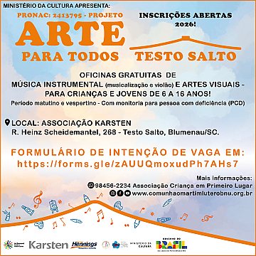 INSCRIÇÕES ABERTAS 2026 - Projeto Arte para Todos - Testo Salto