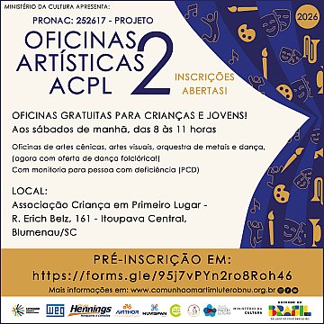 INSCRIÇÕES ABERTAS 2026 - Projeto Oficinas Artísticas ACPL 2