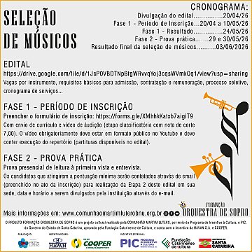 SELEÇÃO DE MÚSICOS - ENCERRADO - Projeto Formação Orquestra de Sopro